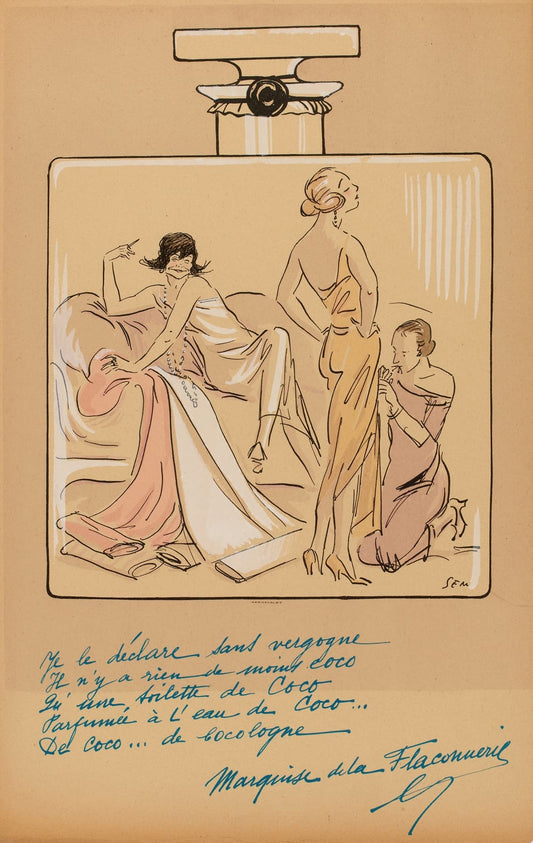 Illustration of women in dresses with a perfume bottle design, featuring text and a signature.
