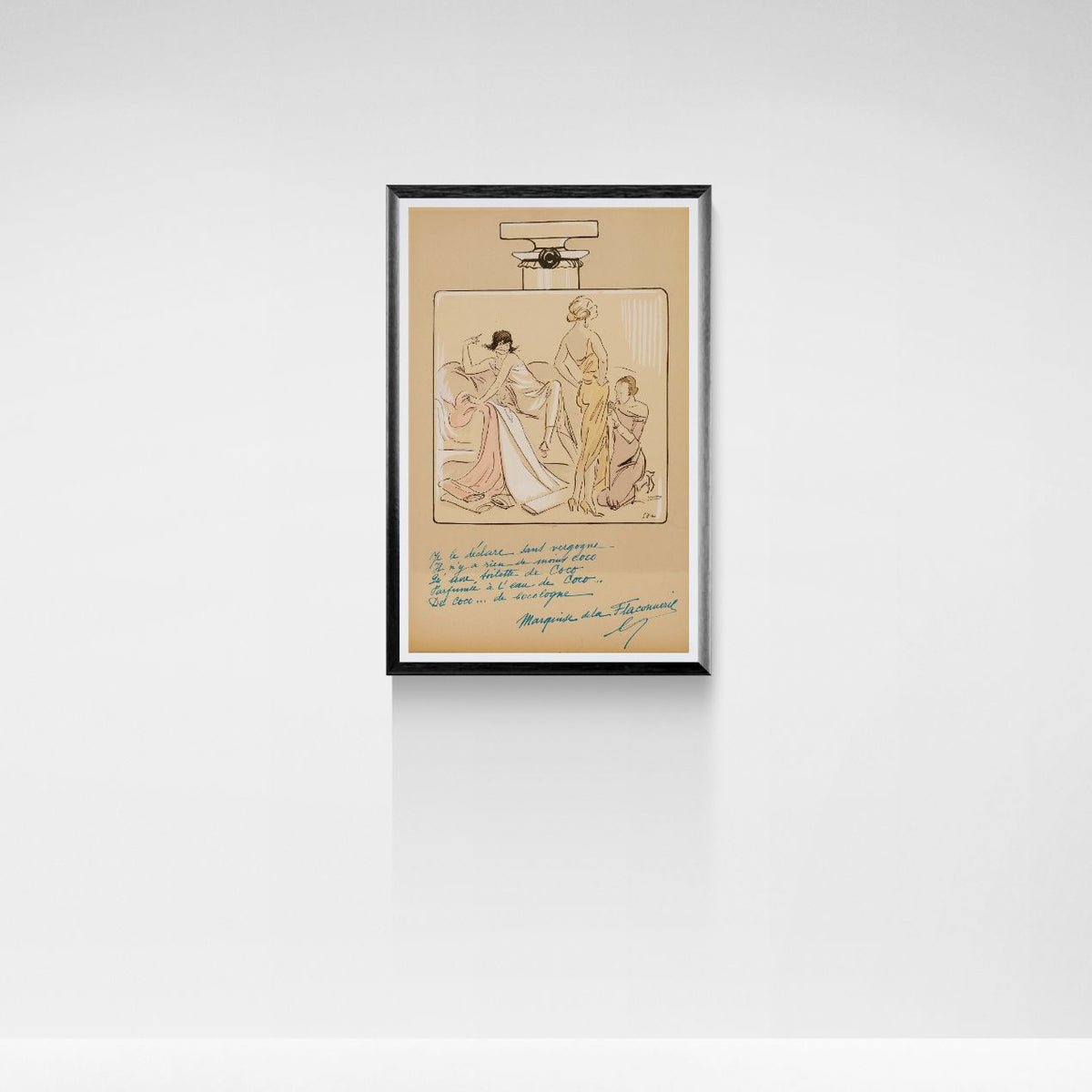 Framed Coco Chanel artwork print on a beige background with text and illustrations.