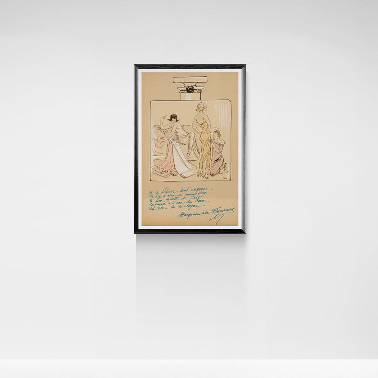 Framed Coco Chanel artwork print on a beige background with text and illustrations.