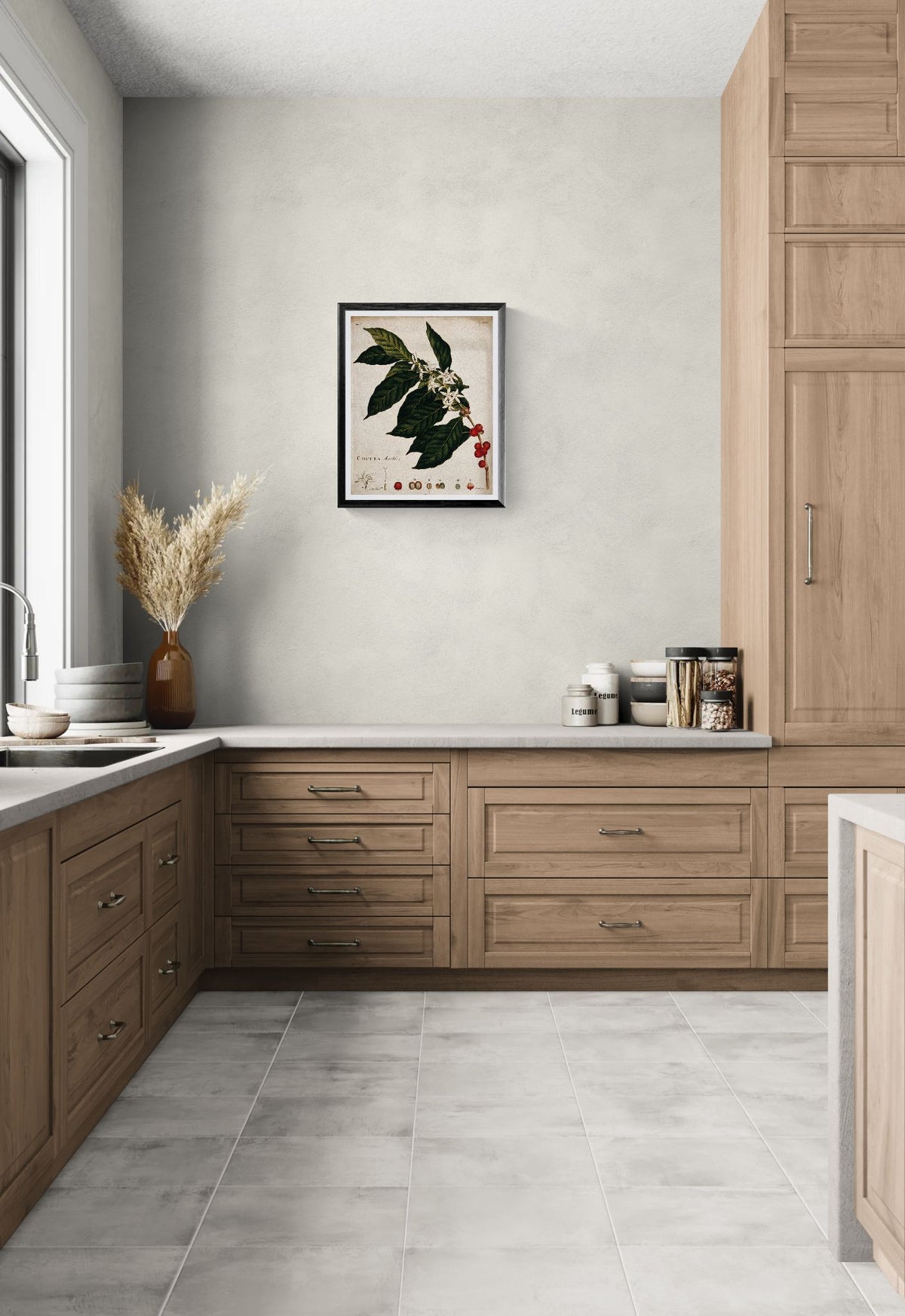 Modern kitchen with wooden cabinets, white walls, and a decorative plant on the counter.
