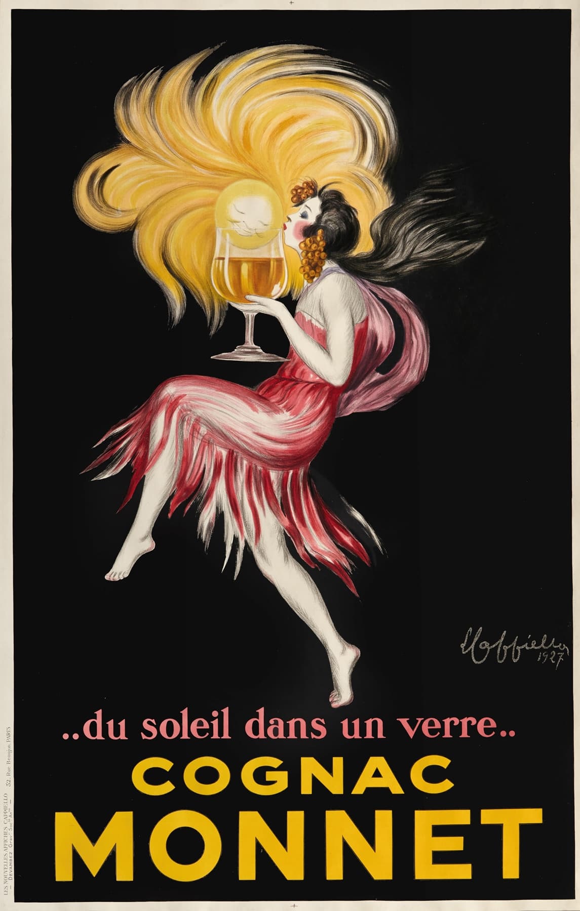 Vintage advertisement for Cognac Monnet featuring a woman in a pink dress holding a glass of cognac.