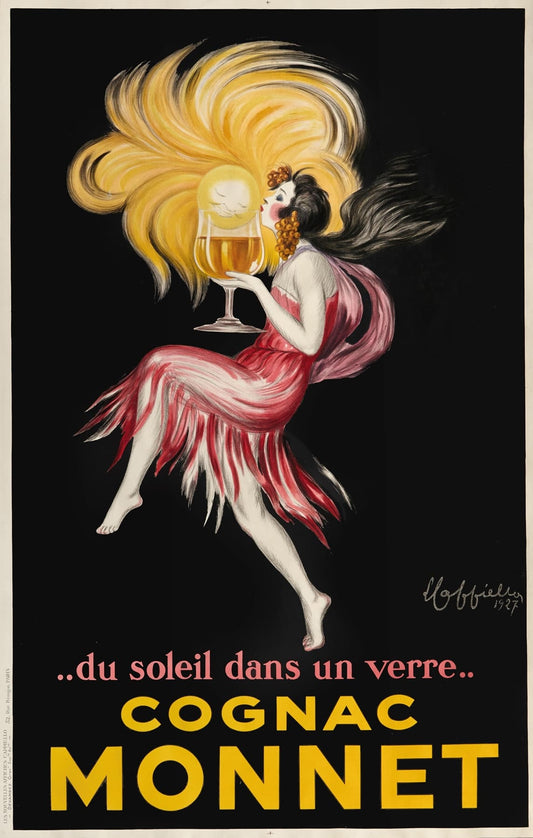 Vintage advertisement for Cognac Monnet featuring a woman in a pink dress holding a glass of cognac.