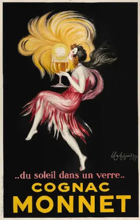 Vintage advertisement for Cognac Monnet featuring a woman in a pink dress holding a glass of cognac.