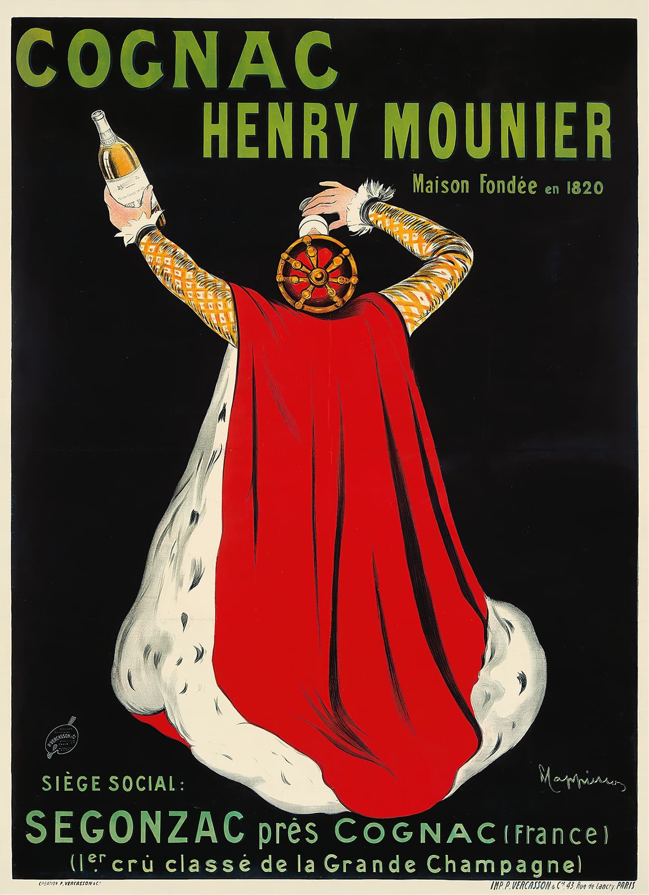 Vintage advertisement for Cognac Henry Mounier featuring a person in a red robe holding a bottle.