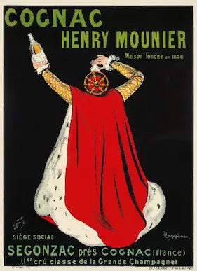 Vintage advertisement for Cognac Henry Mounier featuring a woman in a red dress holding a bottle of cognac.