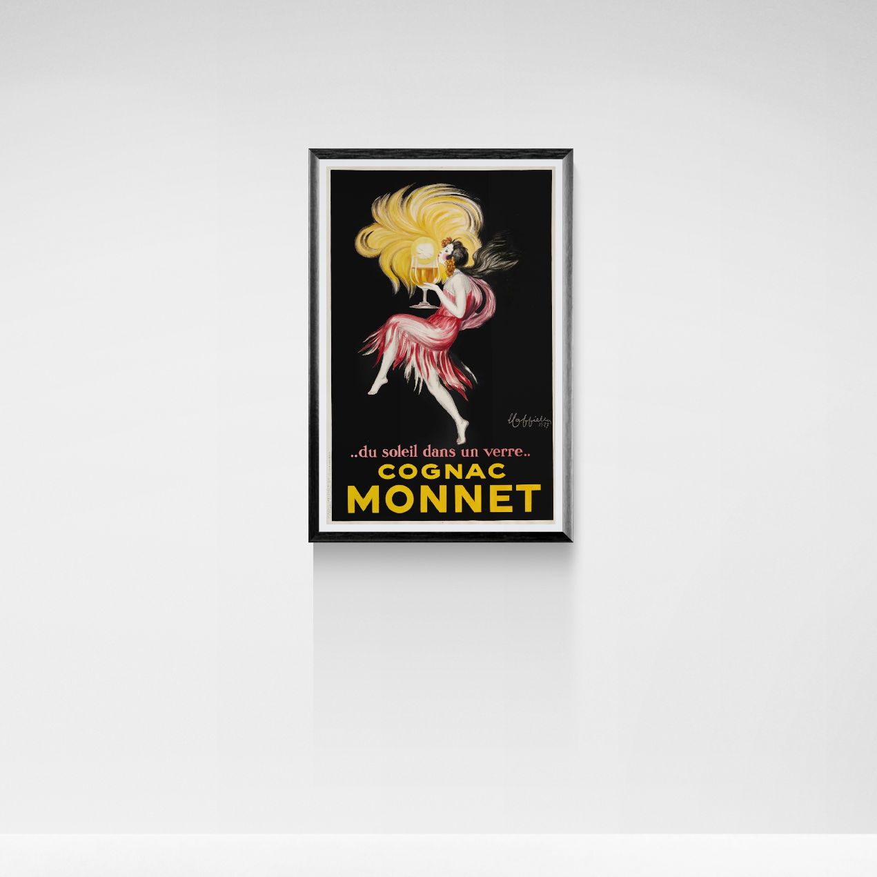Framed vintage advertisement poster for Cognac Monnet with a woman in a dress on a black background.