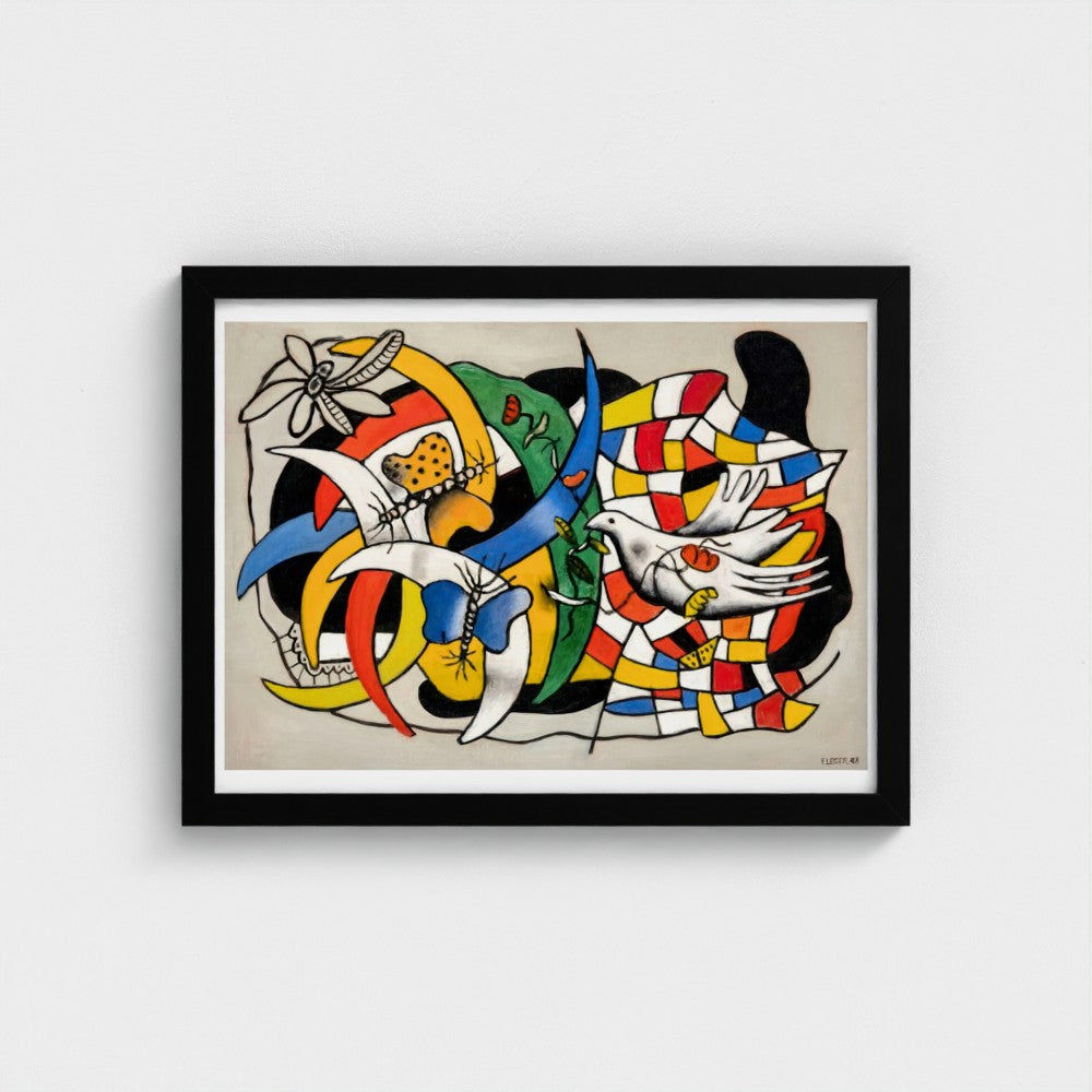 Framed abstract artwork with colorful birds and geometric shapes on a beige background