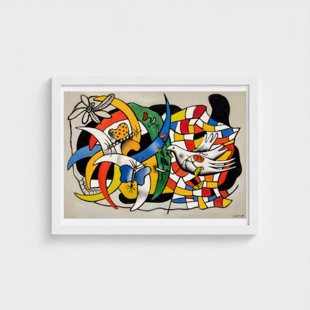 Framed abstract artwork with colorful geometric shapes on a beige background
