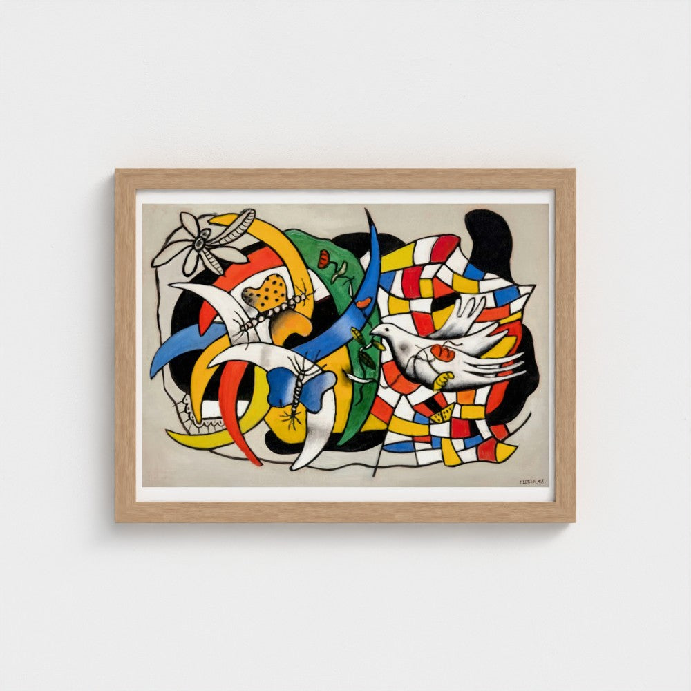 Framed abstract artwork with colorful design on a white wall