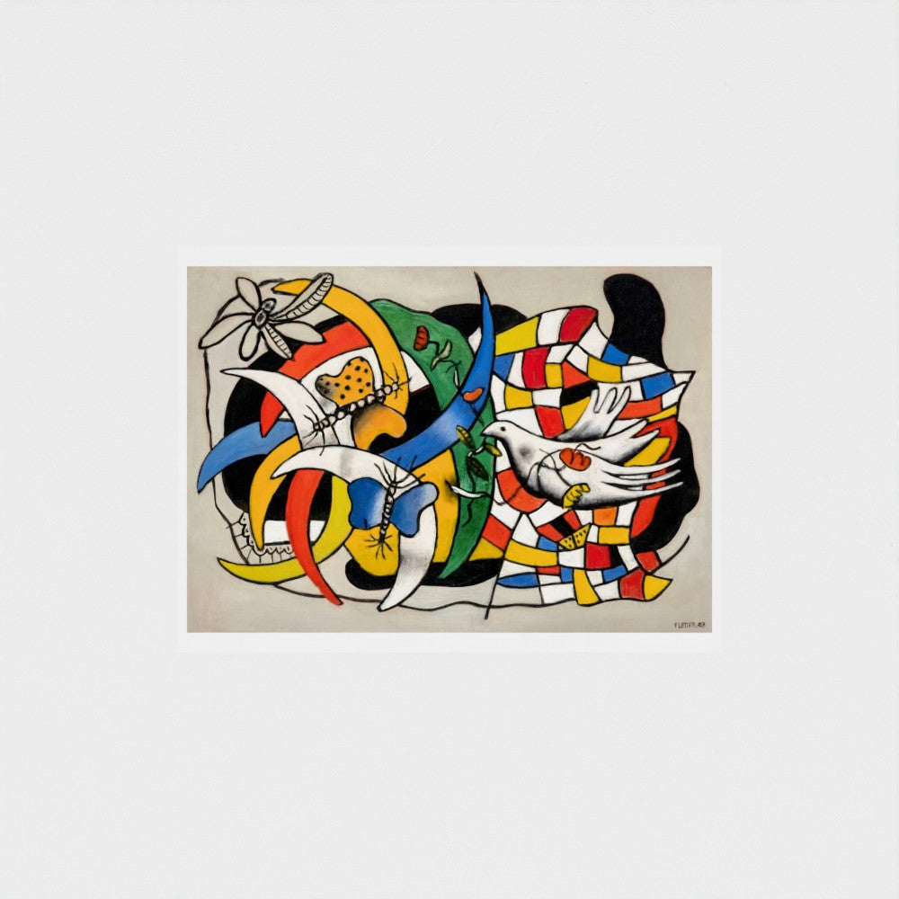 Colorful abstract artwork with birds and geometric shapes on a beige background