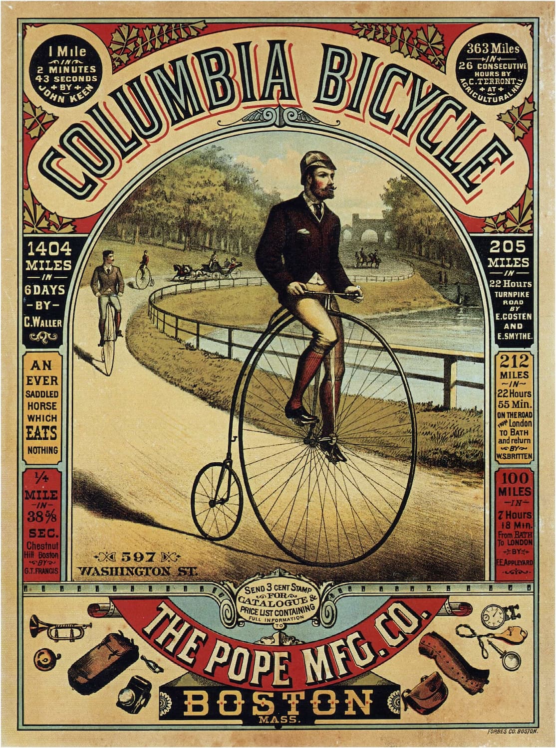High-quality Giclée reproduction of the 1880s Columbia Bicycle poster, showing a man riding a Penny-Farthing (high-wheel) bicycle along a path, vintage industrial advertising.