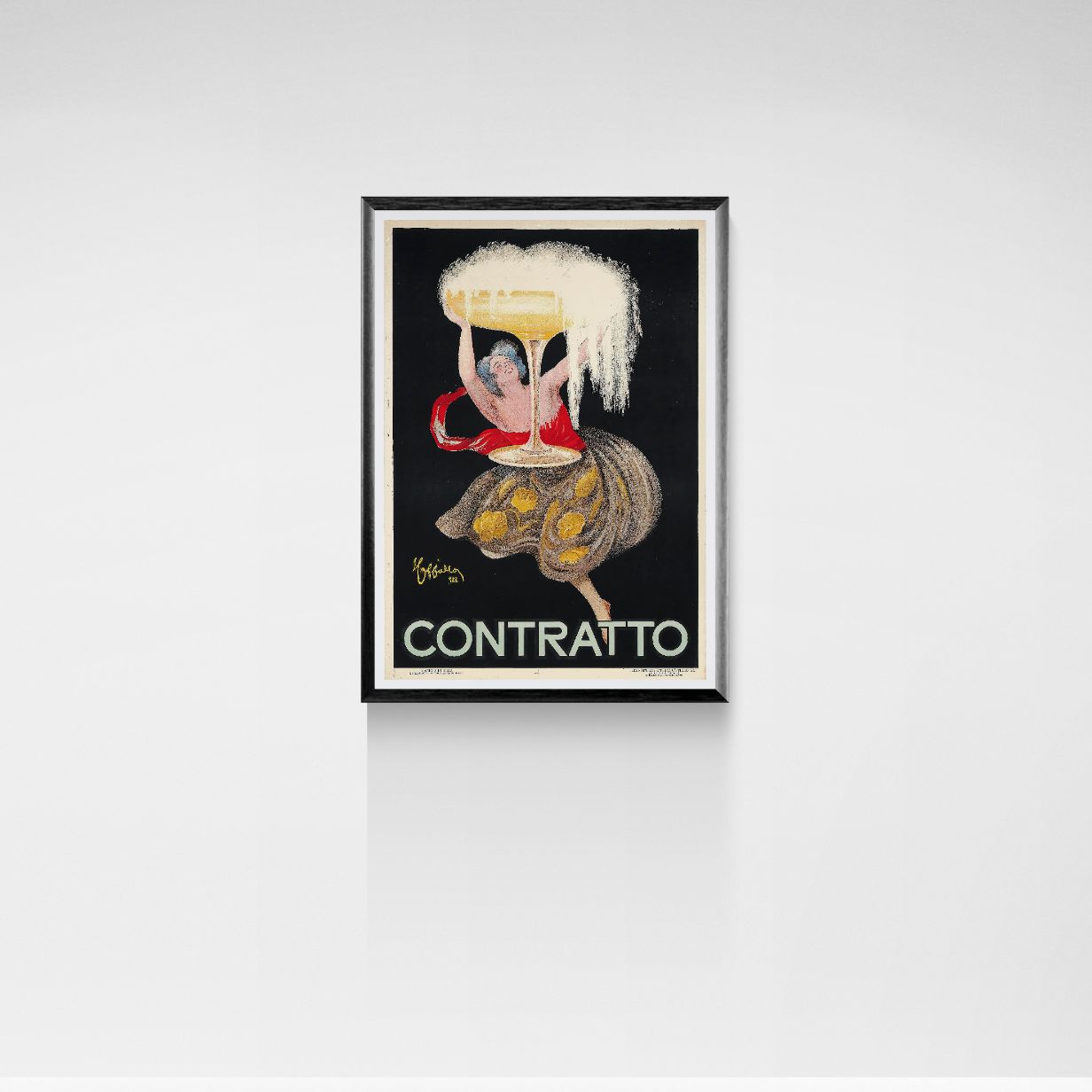 Framed artwork with a person holding a large glass of beer on a black background, titled 'Contratto'.
