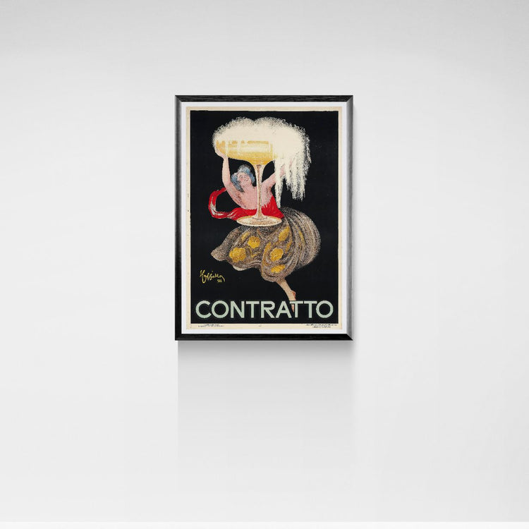 Framed artwork with a person holding a large glass of beer on a black background, titled 'Contratto'.