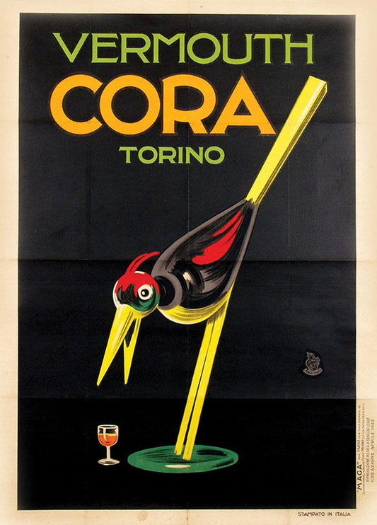 High quality Giclée reproduction of the 1920s Cora Vermouth poster, Italian Art Deco style with a stylized bird mascot against a black background.