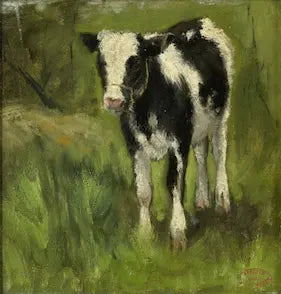 Painting of a black and white cow standing in a grassy field