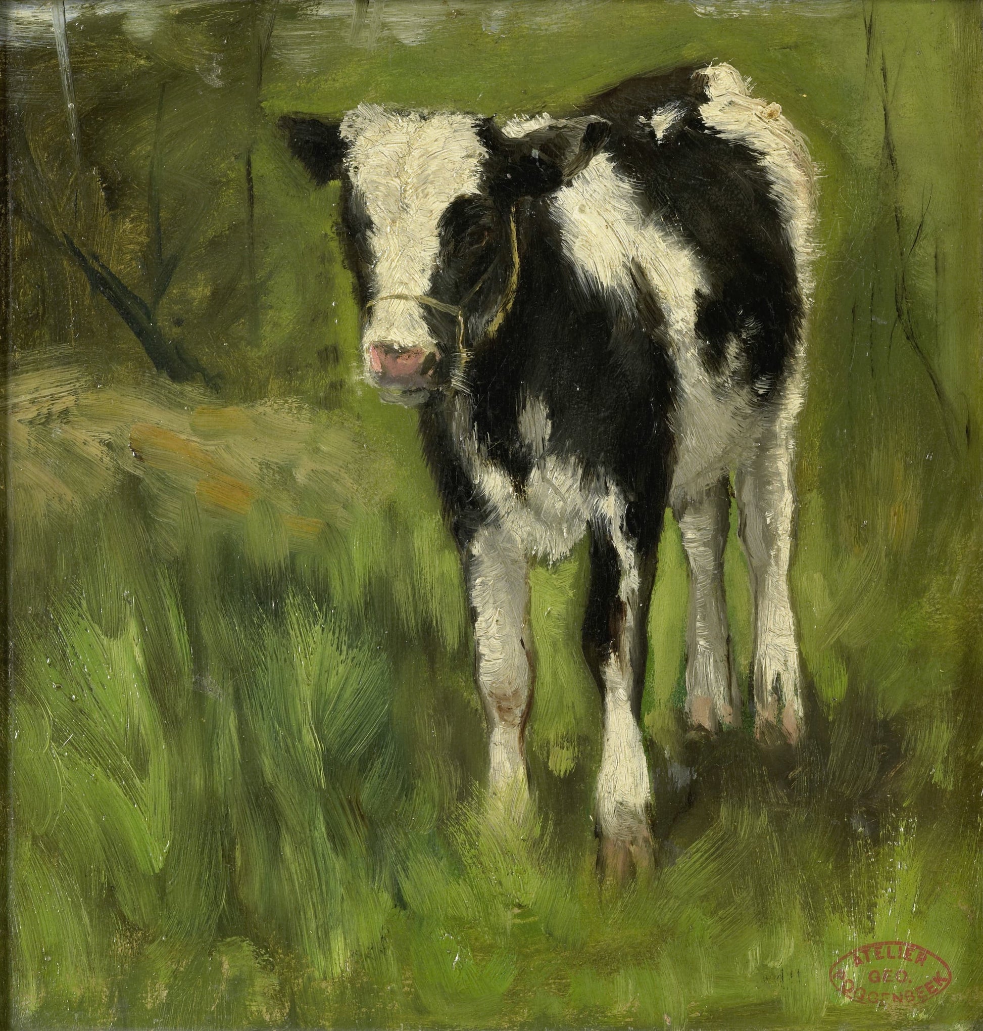 Painting of a black and white cow standing in a grassy field