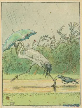 Illustration of a crane holding an umbrella over a small bird in a natural setting