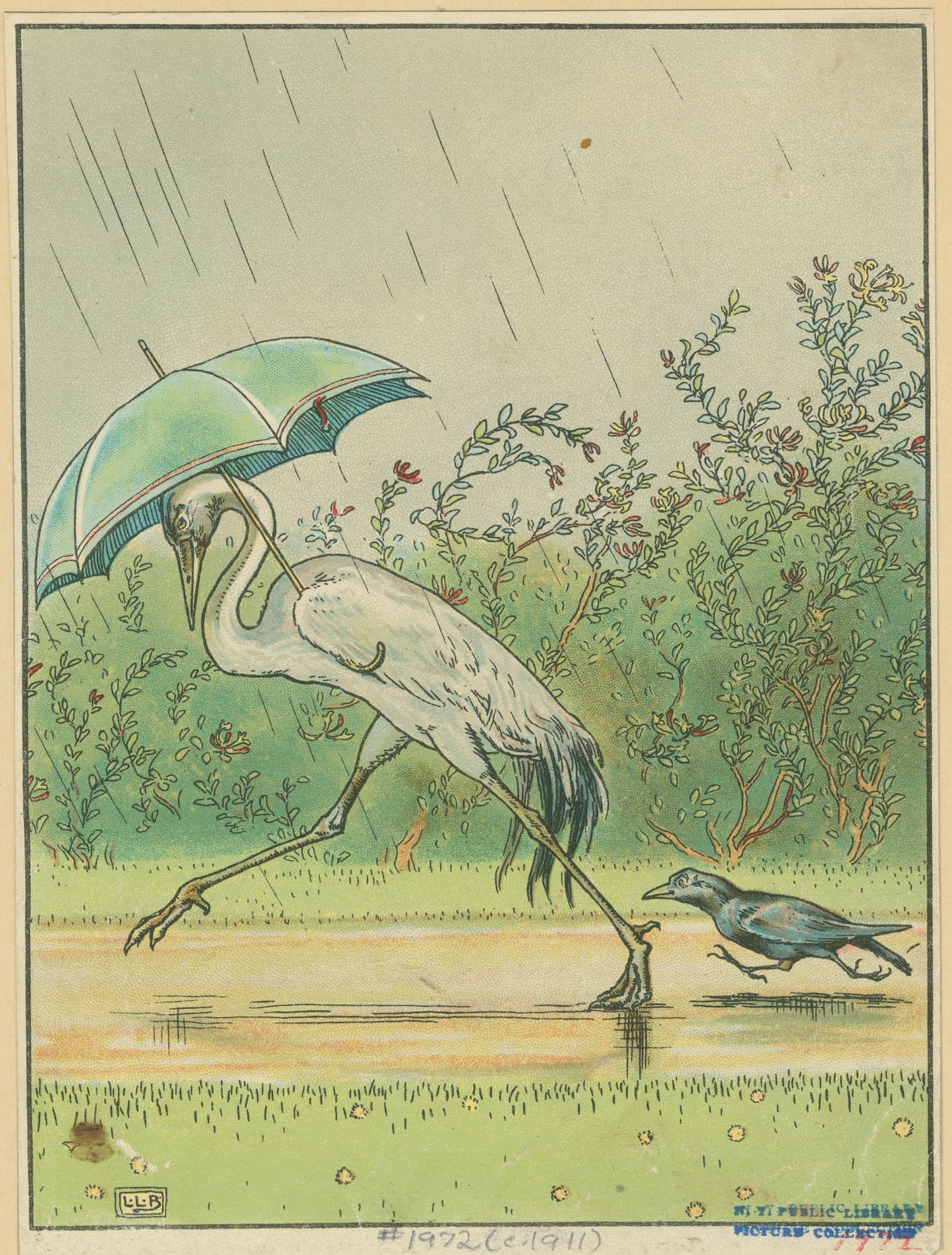 Illustration of a crane holding an umbrella over a small bird in a garden setting