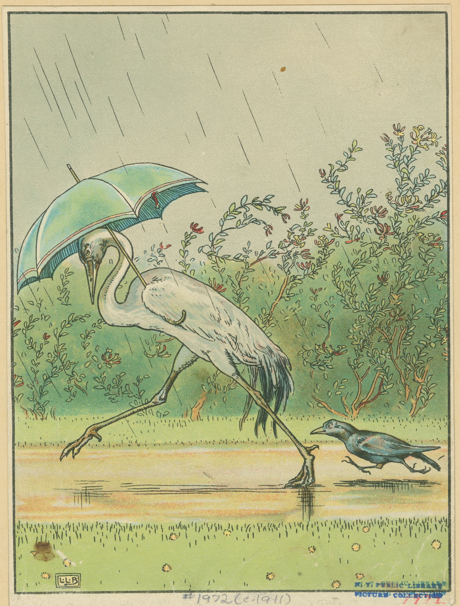 Illustration of a crane holding an umbrella over a small bird in a garden setting