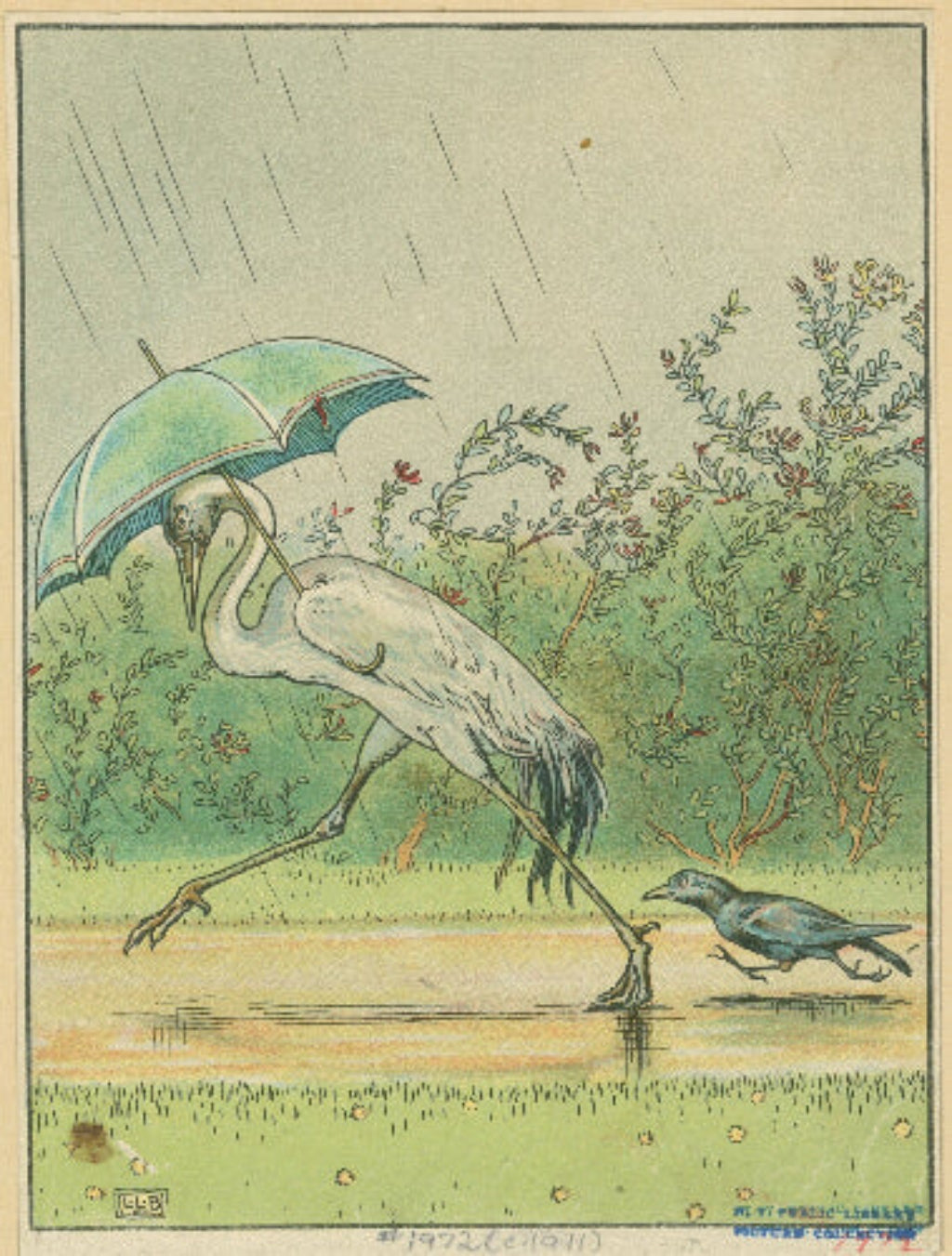 Art print by L. Leslie Brooke: "Crane and Crow with an Umbrella." Crane holds umbrella in rain, crow walks beside. Classic children's illustration.