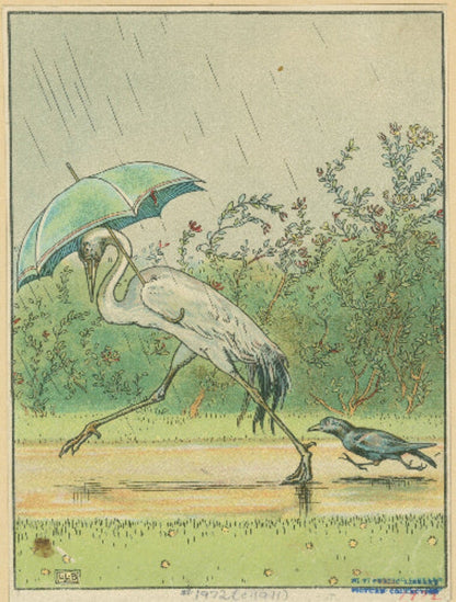 Art print by L. Leslie Brooke: "Crane and Crow with an Umbrella." Crane holds umbrella in rain, crow walks beside. Classic children's illustration.