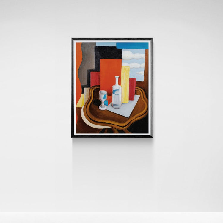 Framed abstract painting on a white wall