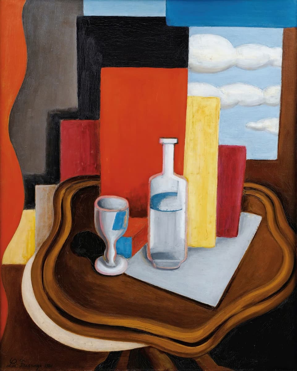 Abstract still life painting with a bottle, glass, and geometric shapes on a wooden surface.