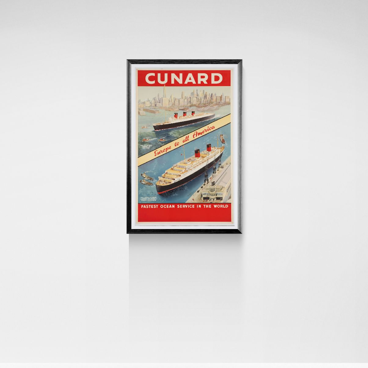 Framed Cunard Line poster advertisement on a white wall