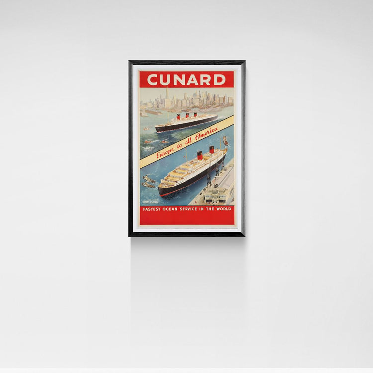 Framed Cunard Line poster advertisement on a white wall