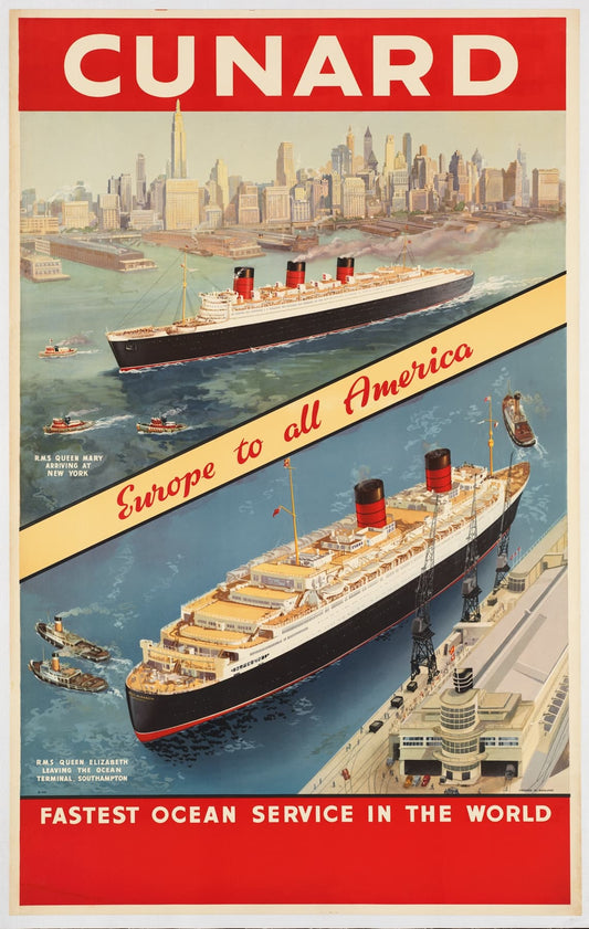 High-quality Giclée reproduction of the Cunard Line poster, featuring the RMS Queen Mary and RMS Queen Elizabeth ocean liners against the New York and Southampton skylines, Art Deco style.
