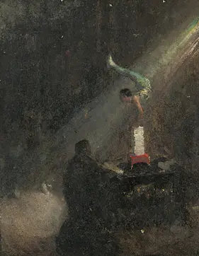 High-quality Giclée reproduction of Cyrus Cuneo's oil painting showing a lone acrobat balancing in a spotlight above a seated figure (likely an orchestra member or stagehand), vintage 1900s theatrical art.
