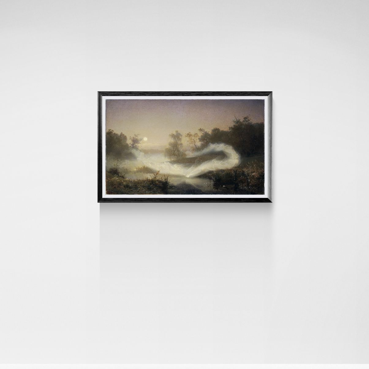 Framed artwork of a landscape with trees and mist on a white wall