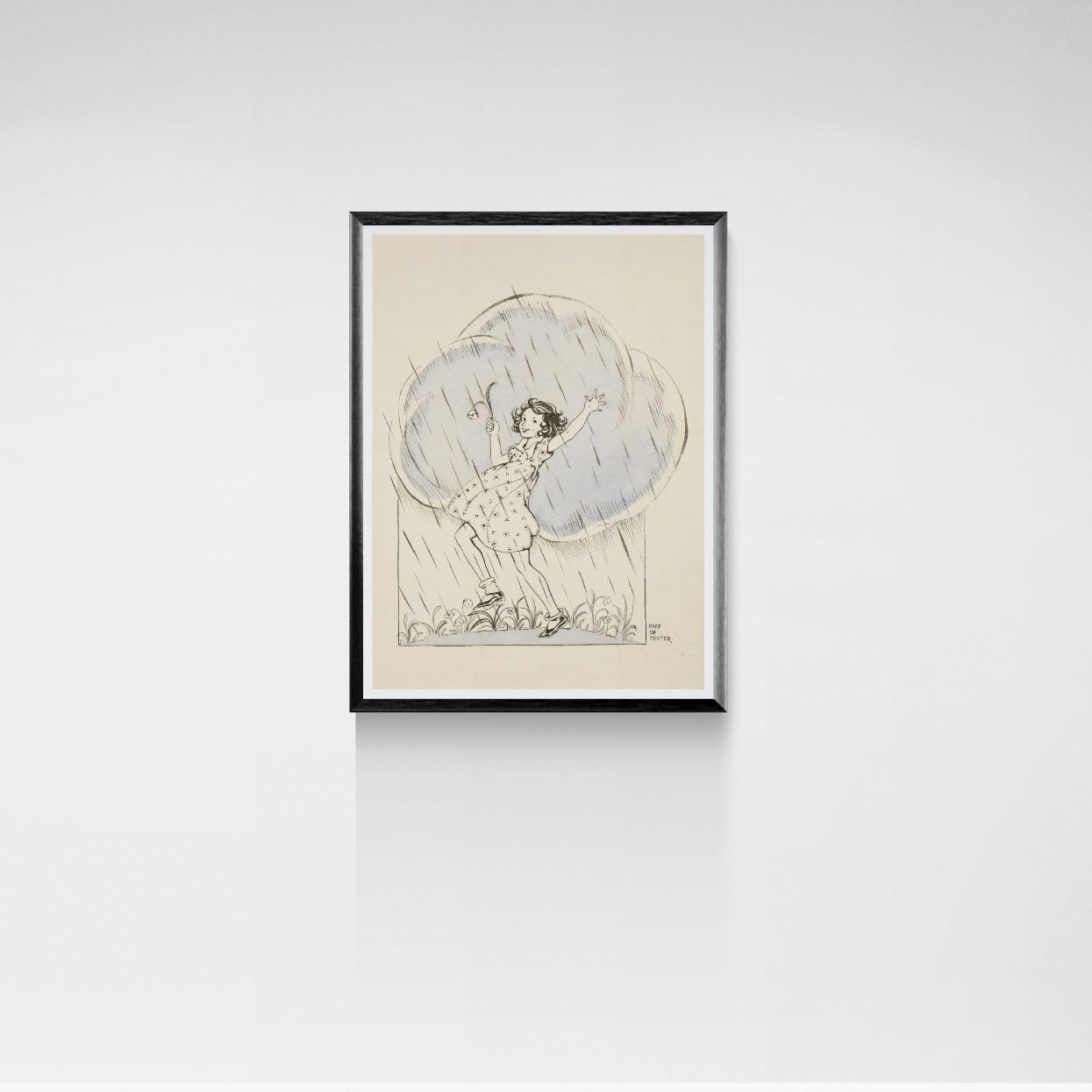 Framed artwork of a girl holding an umbrella on a white wall