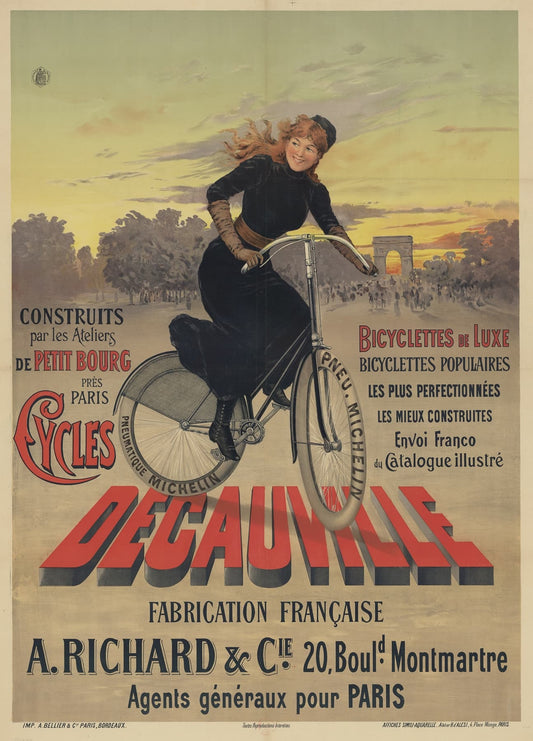 High-quality Giclée reproduction of the 1900s Cycles Decauville poster, featuring a woman riding a bicycle with Michelin tyres in Paris (Arc de Triomphe visible), Belle Époque advertising.