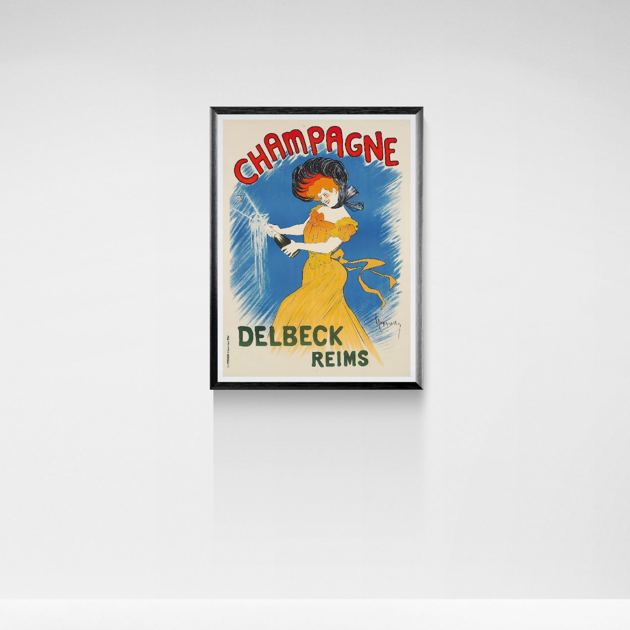 Framed vintage-style poster of a woman in a yellow dress with 'Champagne Delbeck Reims' text on a white wall.