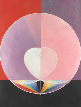 Geometric abstract art by Hilma af Klint featuring a heart shape and rainbow pattern within a pink sphere.