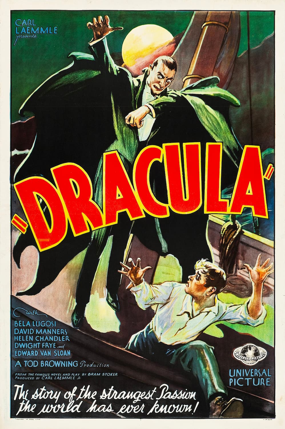 Vintage movie poster for 'Dracula' with a dark green background and prominent text.