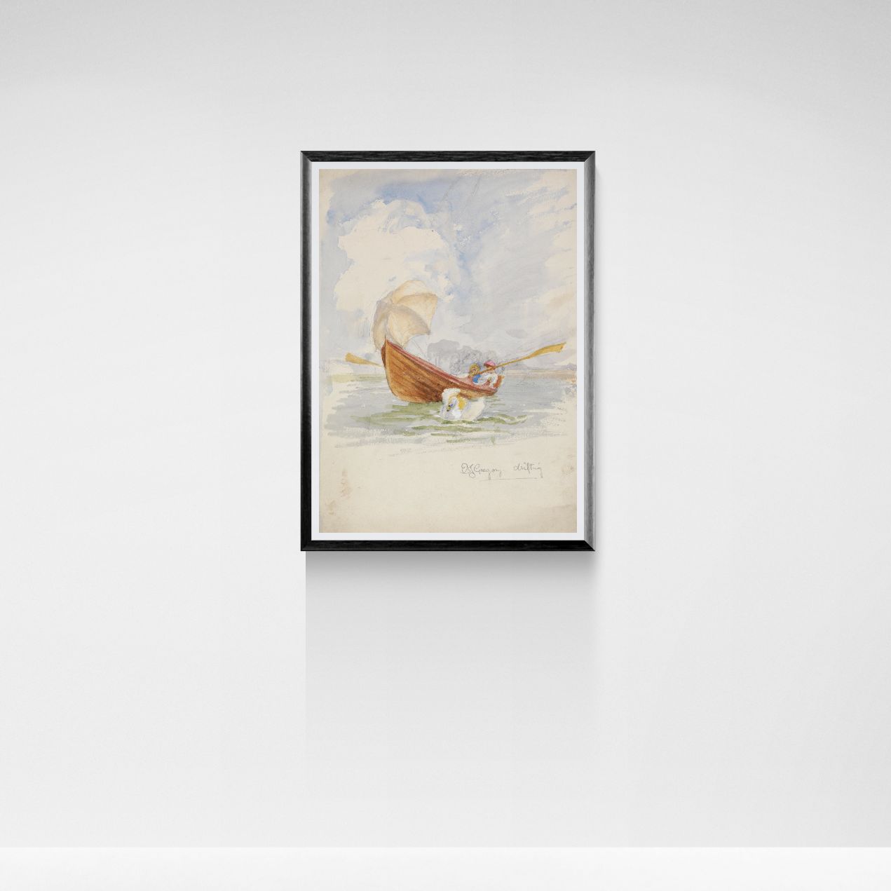 Framed artwork of a boat on water with a white background