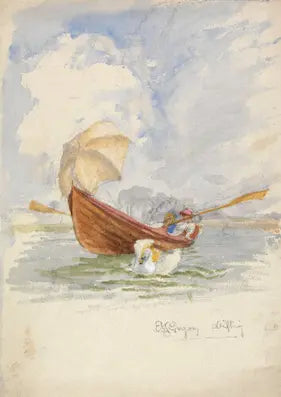 Watercolor painting of a small boat with a sail on a calm body of water.