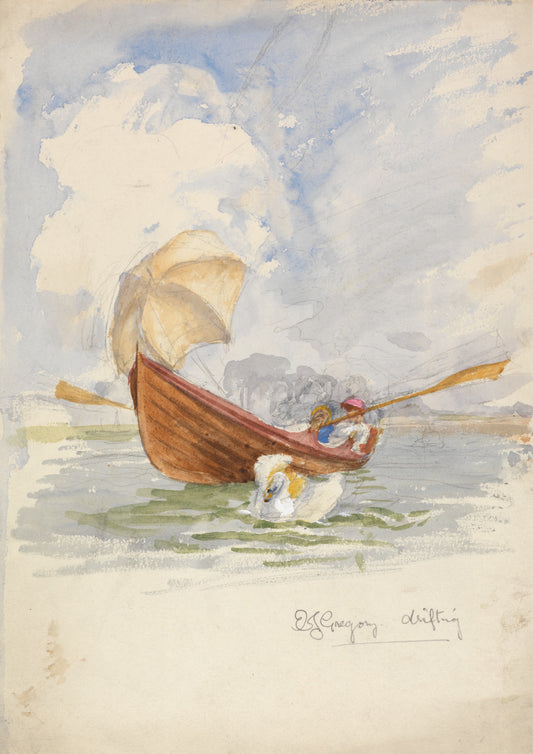 Watercolor painting of a small boat with two figures on a calm water surface with a cloudy sky.