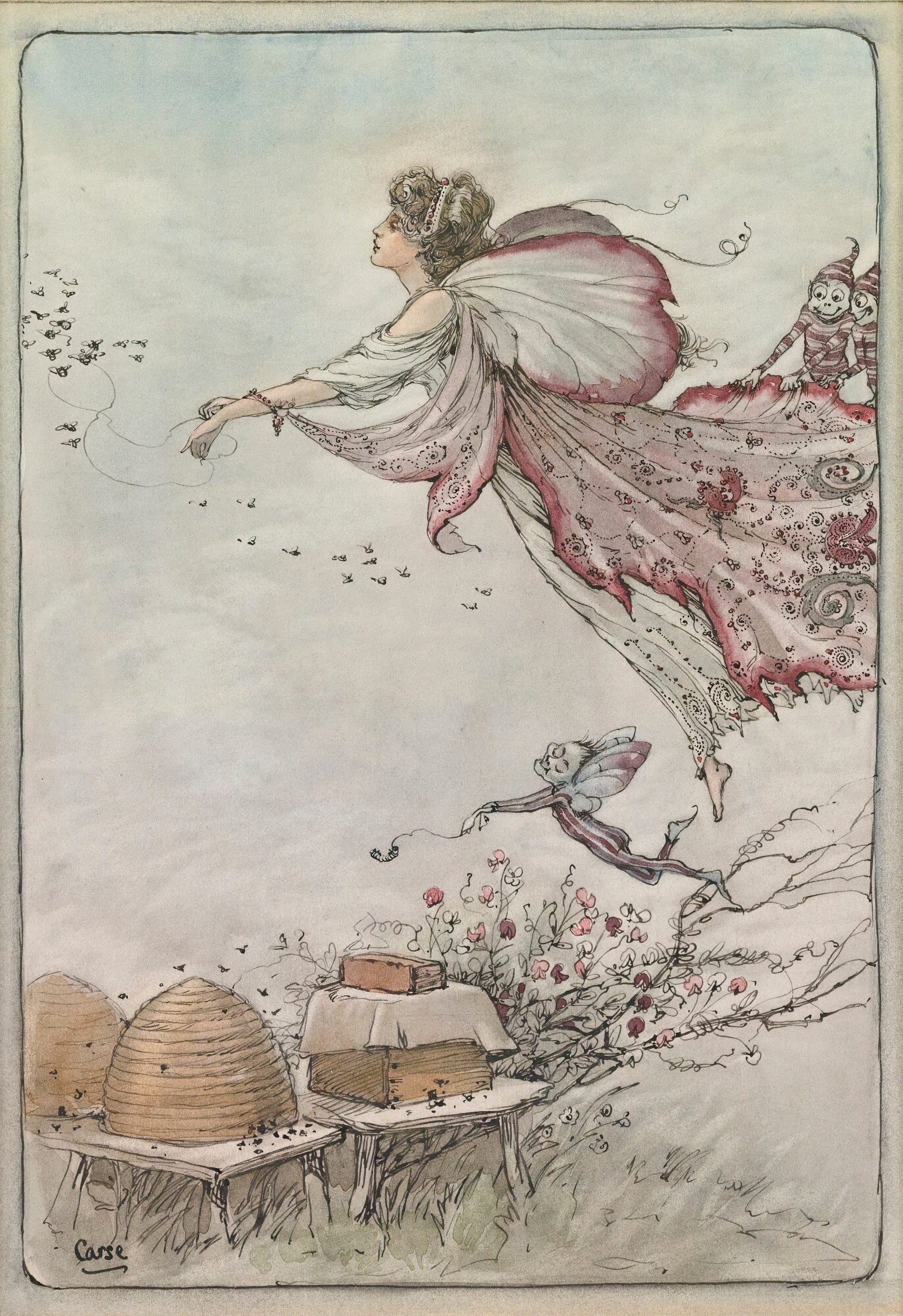 Illustration of fairies near beehives and flowers with a soft, pastel color palette.