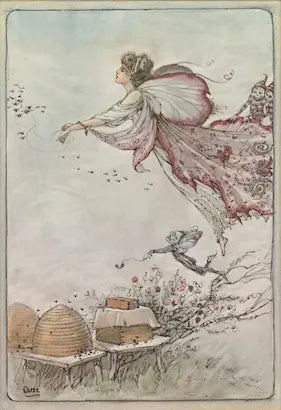 High-quality Giclée reproduction of Duncan Carse's watercolor illustration showing a large fairy with pink wings flying above two traditional beehives, with small worker bees and imps, vintage 1900s whimsical art.