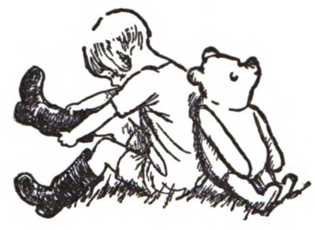 High-quality Giclée reproduction of E.H. Shepard's black and white illustration, showing Christopher Robin and Winnie-the-Pooh sitting side-by-side, with the child putting on boots, vintage children's book art.