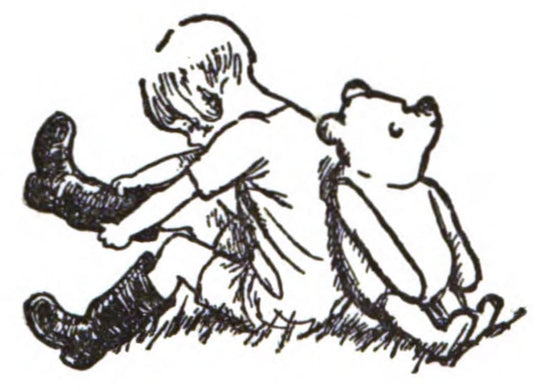 High-quality Giclée reproduction of E.H. Shepard's black and white illustration, showing Christopher Robin and Winnie-the-Pooh sitting side-by-side, with the child putting on boots, vintage children's book art.