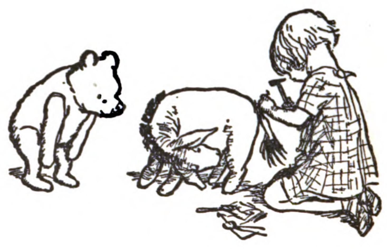 High-quality Giclée reproduction of E.H. Shepard's black and white illustration, showing Christopher Robin hammering Eeyore's tail back on, with Winnie-the-Pooh watching, vintage children's book art.