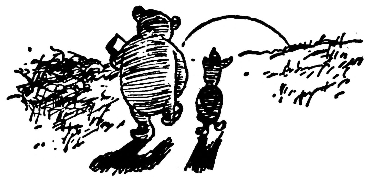 High-quality Giclée reproduction of E.H. Shepard's black and white illustration, showing Winnie-the-Pooh and Piglet walking away into the distance with a setting sun, vintage children's book art.
