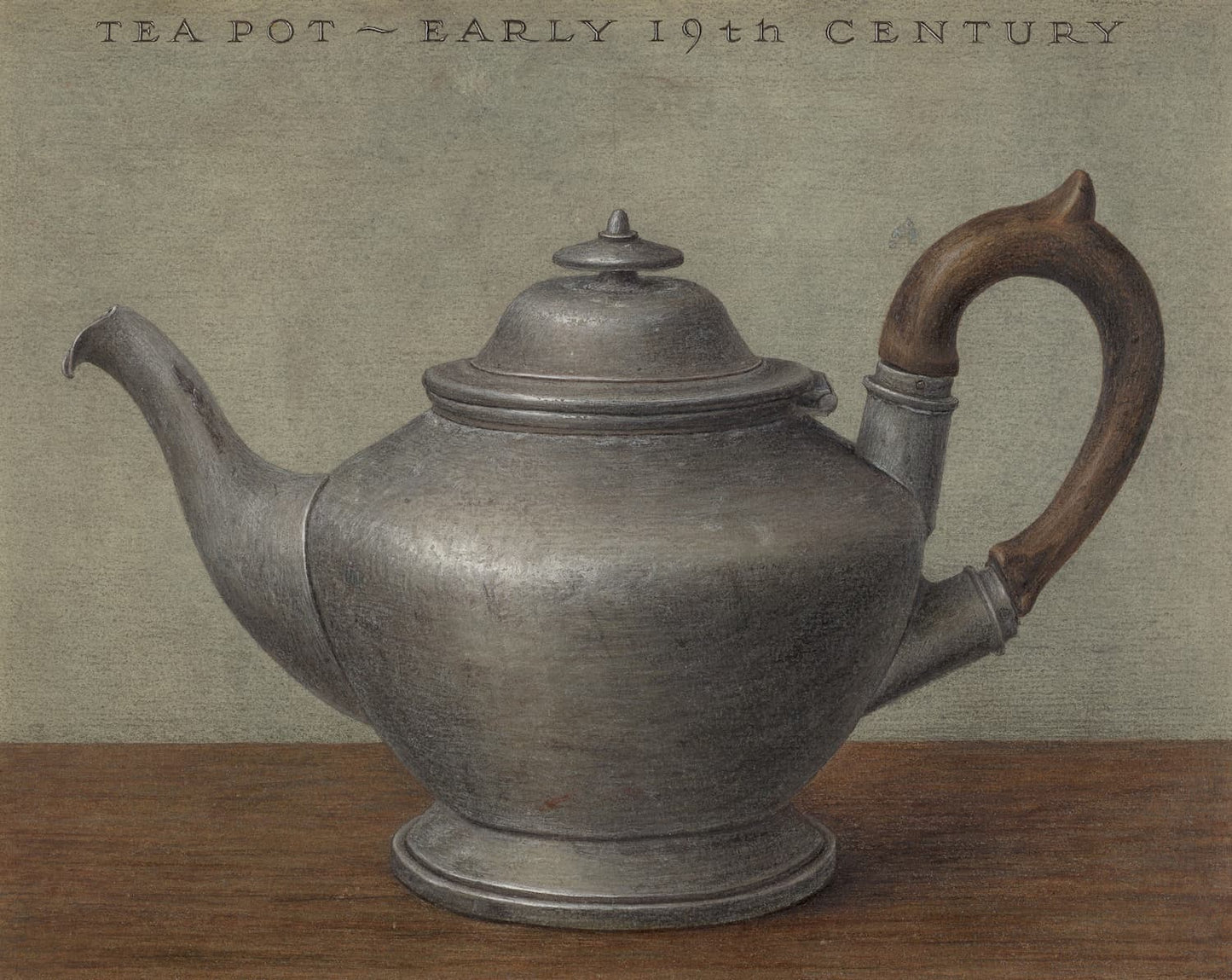 High quality Giclée reproduction of an early 19th century still life illustration of a pewter teapot with a wooden handle, historical kitchenware print.