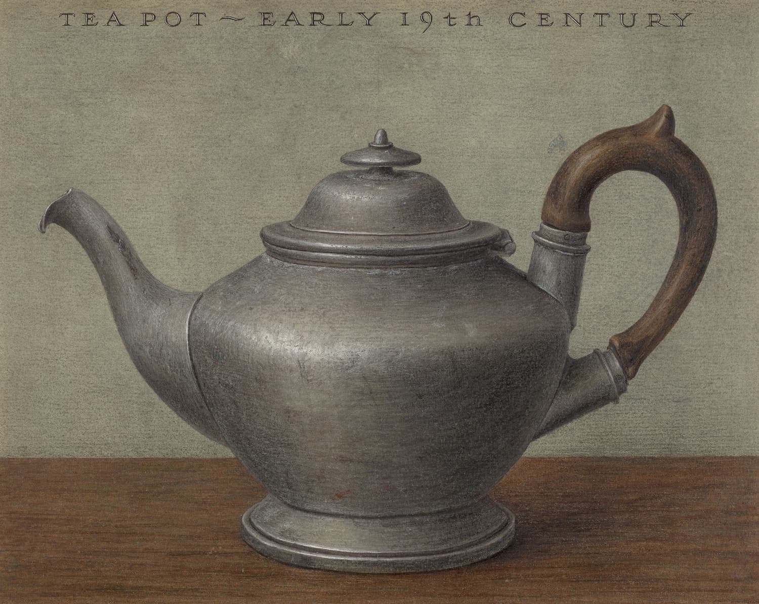 High quality Giclée reproduction of an early 19th century still life illustration of a pewter teapot with a wooden handle, historical kitchenware print.
