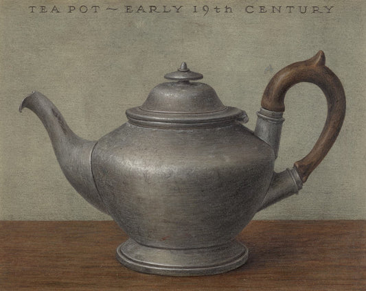 High quality Giclée reproduction of an early 19th century still life illustration of a pewter teapot with a wooden handle, historical kitchenware print.