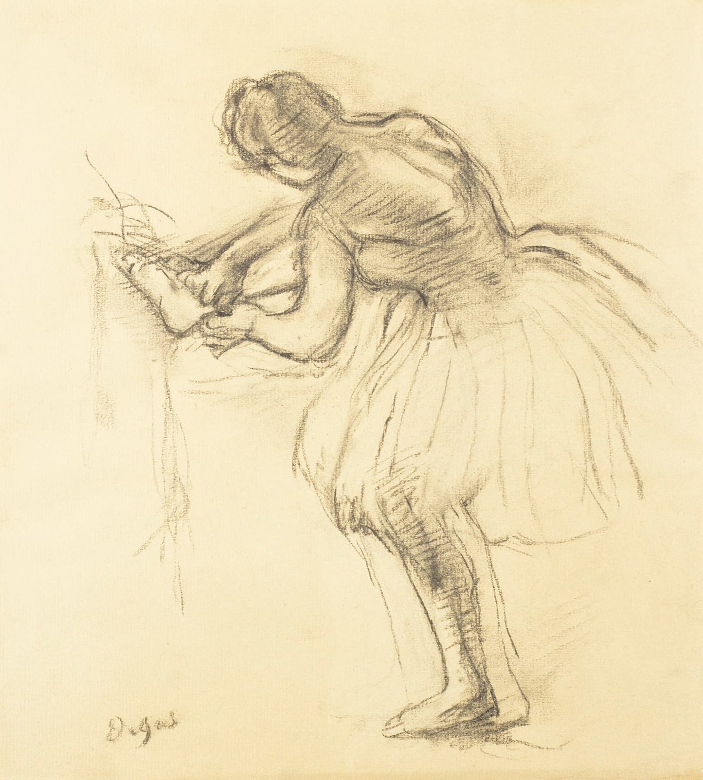 High-quality Giclée reproduction of Edgar Degas' charcoal sketch, showing a ballerina bending over to adjust her shoe or slipper, vintage Impressionist fine art from the 1880s.